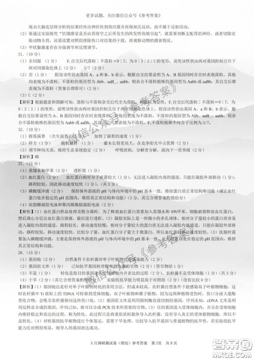 2020年重庆5月调研测试卷康德卷理科综合答案