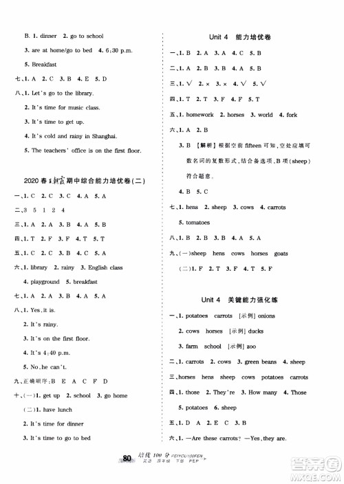2020年王朝霞培优100分英语四年级下册PEP人教版参考答案