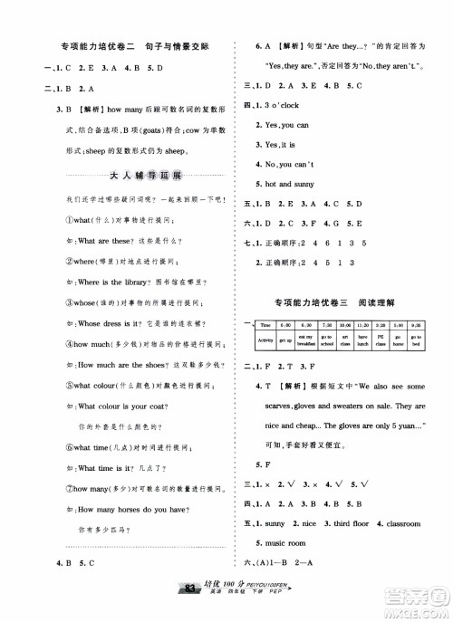 2020年王朝霞培优100分英语四年级下册PEP人教版参考答案