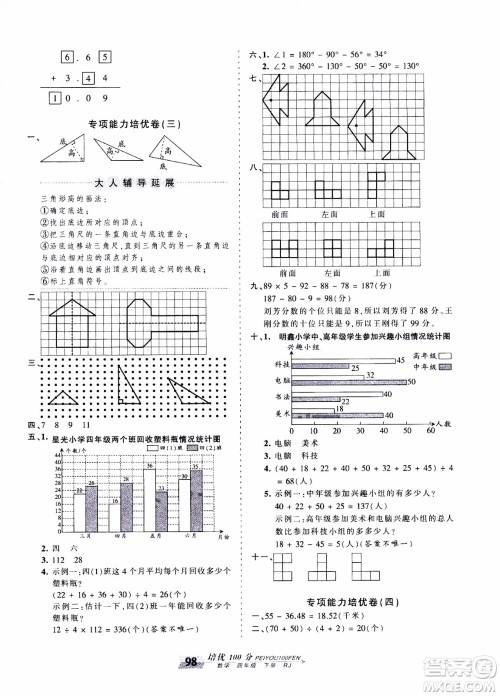 2020年王朝霞培优100分数学四年级下册RJ人教版参考答案