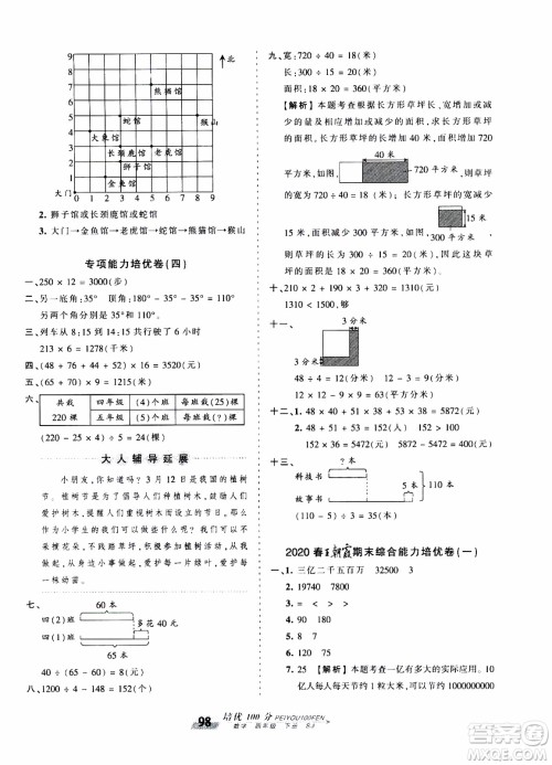 2020年王朝霞培优100分数学四年级下册SJ苏教版参考答案