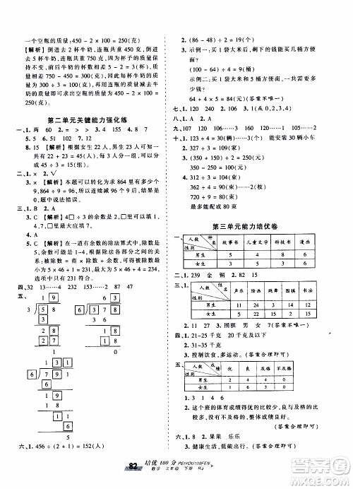 2020年王朝霞培优100分数学三年级下册RJ人教版参考答案