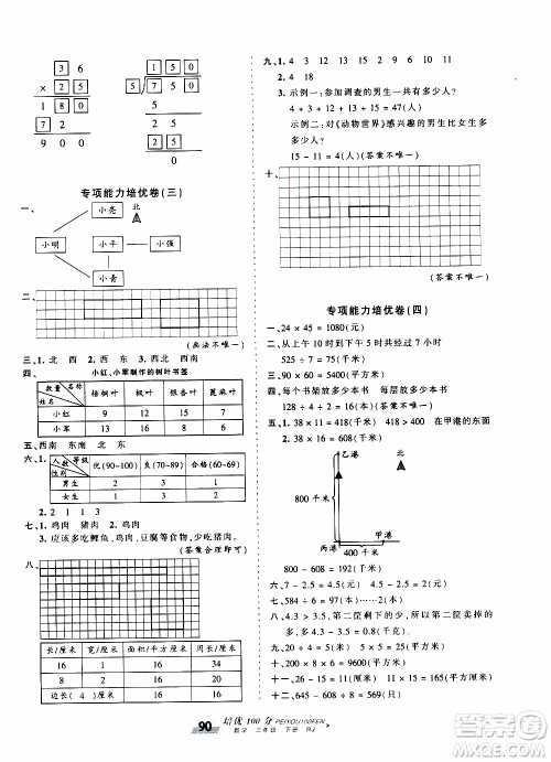 2020年王朝霞培优100分数学三年级下册RJ人教版参考答案