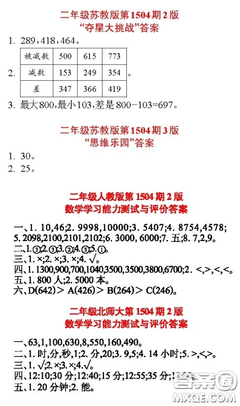 2020年小学生数学报二年级下学期第1504期答案
