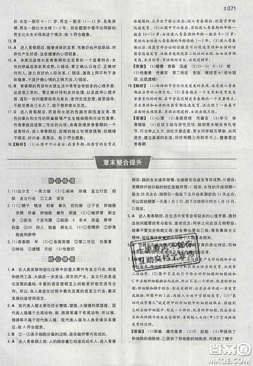 2020新版一本同步训练初中生物七年级下册人教版答案 2020新版一本同步训练初中生物七年级下册人教版答案