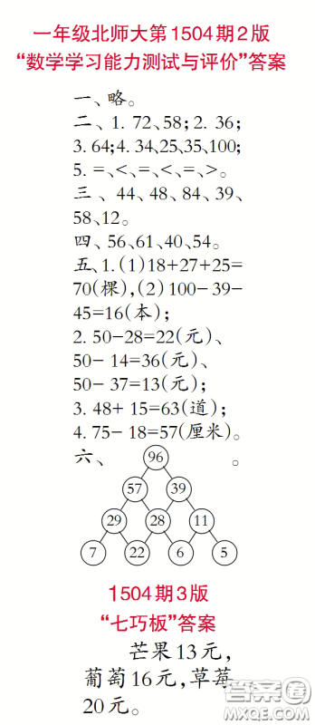 2020年小学生数学报一年级下学期第1504期答案