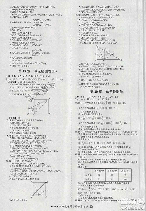 2020新版一本同步训练初中数学八年级下册沪科版安徽专版答案