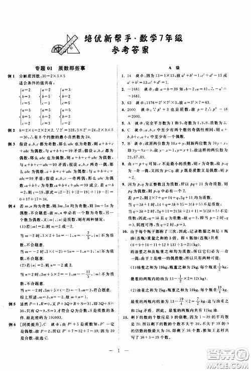 崇文教育2020年培优新帮手数学7年级参考答案