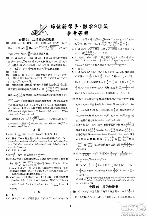 崇文教育2020年培优新帮手数学9年级参考答案