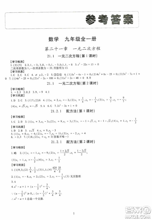 明天出版社2020智慧学习数学九年级全一册答案