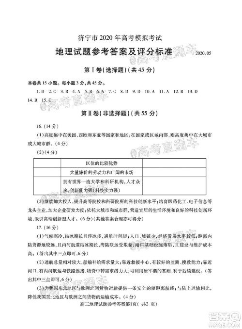济宁市2020年5月高考模拟考试地理试题及答案 济宁市2020年5月高考模拟考试地理试题及答案