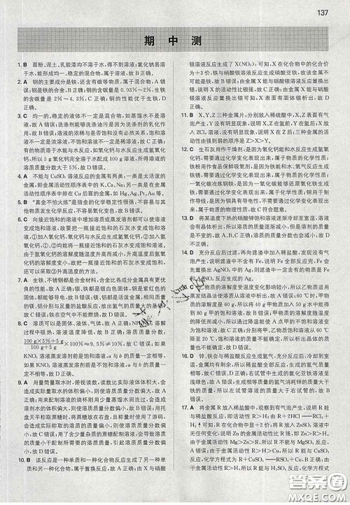 2020新版一本同步训练初中化学九年级下册人教版答案