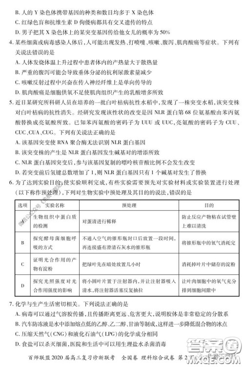 百师联盟2020届高三复习诊断联考全国卷理科综合答案 百师联盟2020届高三复习诊断联考全国卷理科综合答案