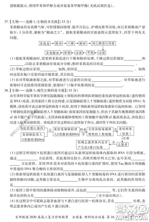 百师联盟2020届高三复习诊断联考全国卷理科综合答案 百师联盟2020届高三复习诊断联考全国卷理科综合答案