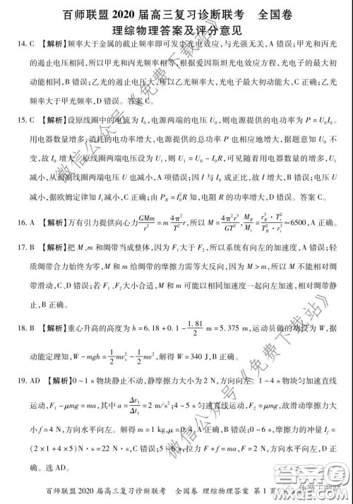 百师联盟2020届高三复习诊断联考全国卷理科综合答案 百师联盟2020届高三复习诊断联考全国卷理科综合答案