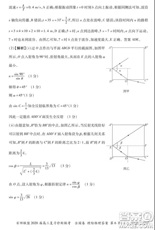 百师联盟2020届高三复习诊断联考全国卷理科综合答案 百师联盟2020届高三复习诊断联考全国卷理科综合答案