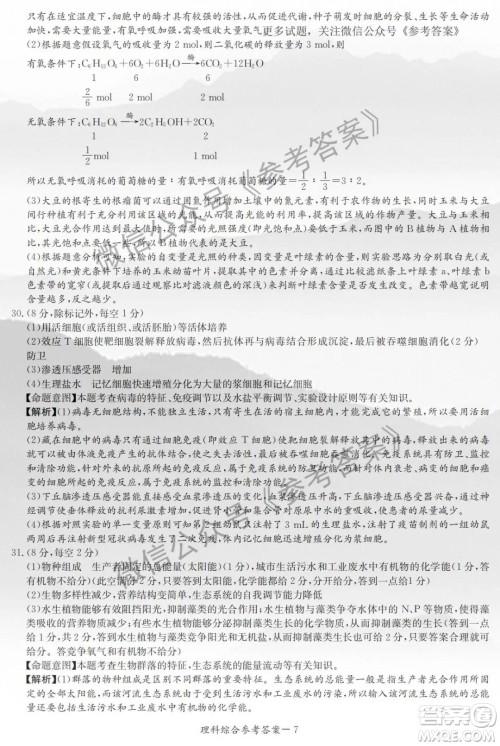 2020年5月湘豫名校联考理科综合答案 2020年5月湘豫名校联考理科综合答案