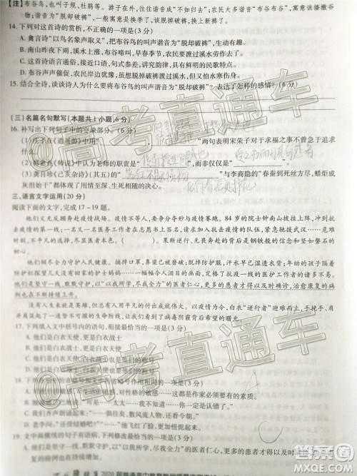 百校联盟2020届5月高三联考全国二卷语文试题及答案