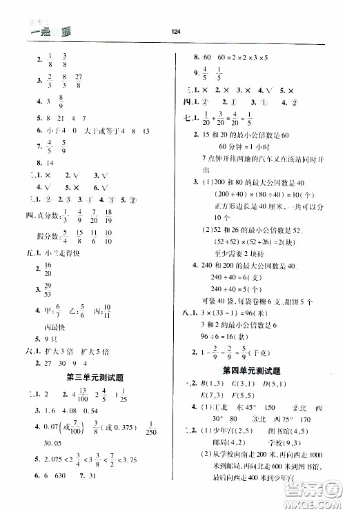 2020年金博士一点全通数学五年级下册青岛版参考答案