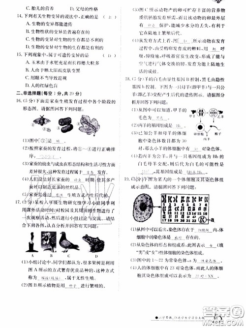 江西高校出版社2020年金太阳导学案生物八年级下册参考答案