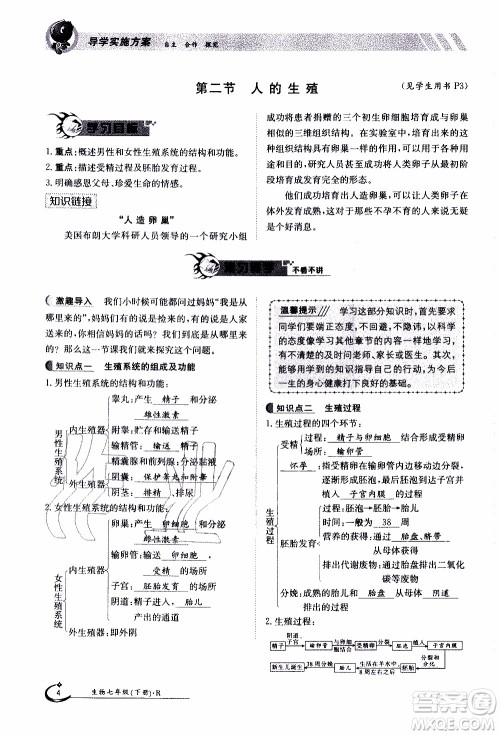 江西高校出版社2020年金太阳导学案生物七年级下册参考答案