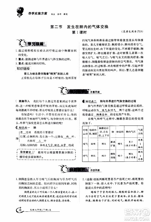 江西高校出版社2020年金太阳导学案生物七年级下册参考答案