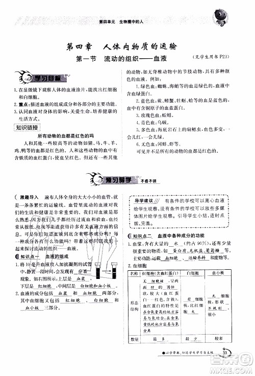 江西高校出版社2020年金太阳导学案生物七年级下册参考答案