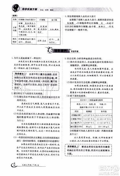 江西高校出版社2020年金太阳导学案生物七年级下册参考答案