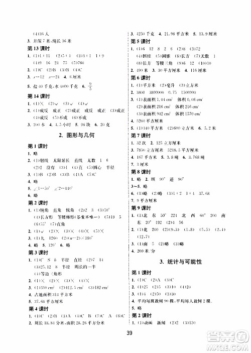 江苏人民出版社2020年课时训练数学六年级下册江苏版参考答案