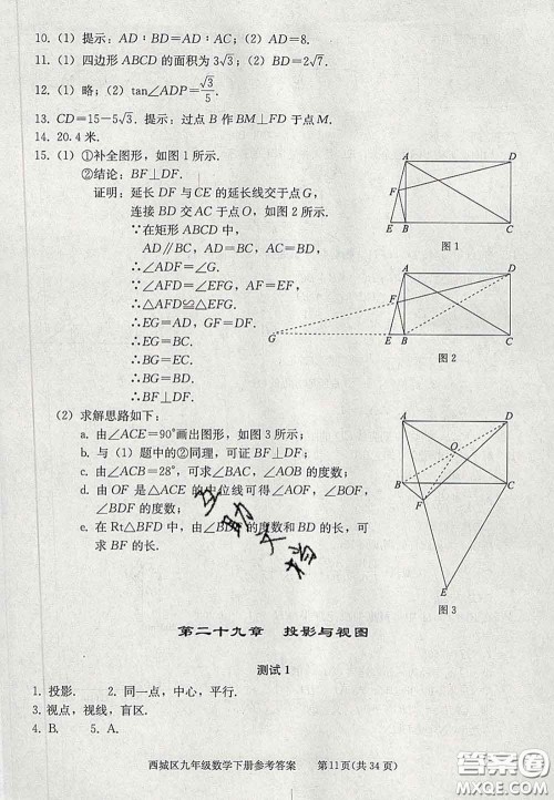 2020春北京西城学习探究诊断九年级数学下册人教版答案