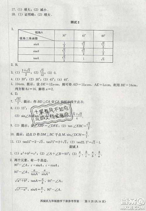 2020春北京西城学习探究诊断九年级数学下册人教版答案