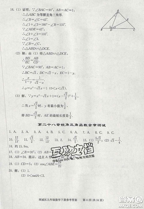 2020春北京西城学习探究诊断九年级数学下册人教版答案