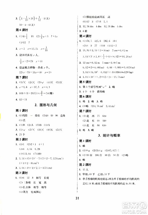 江苏人民出版社2020年课时训练数学六年级下册RMJY人民教育版参考答案