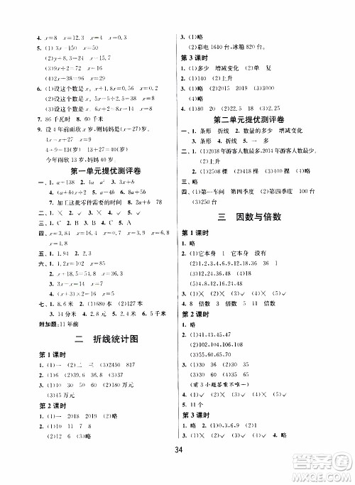 江苏人民出版社2020年课时训练数学五年级下册江苏版参考答案