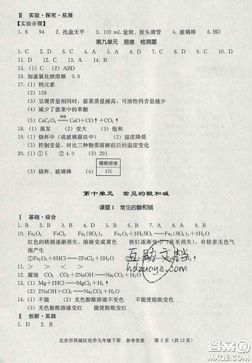 2020春北京西城学习探究诊断九年级化学下册人教版答案
