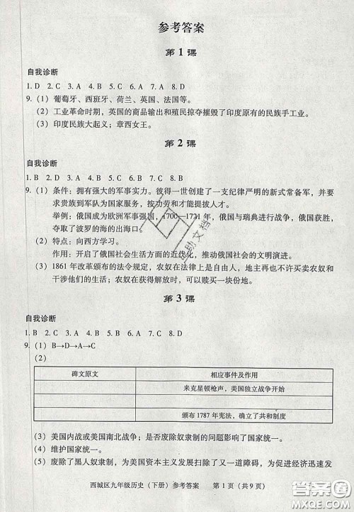 2020春北京西城学习探究诊断九年级历史下册人教版答案 2020春北京西城学习探究诊断九年级历史下册人教版答案