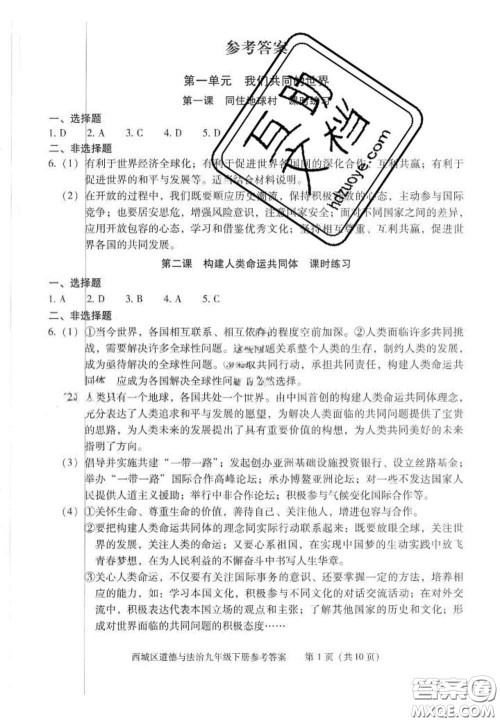 2020春北京西城学习探究诊断九年级道德与法治下册人教版答案