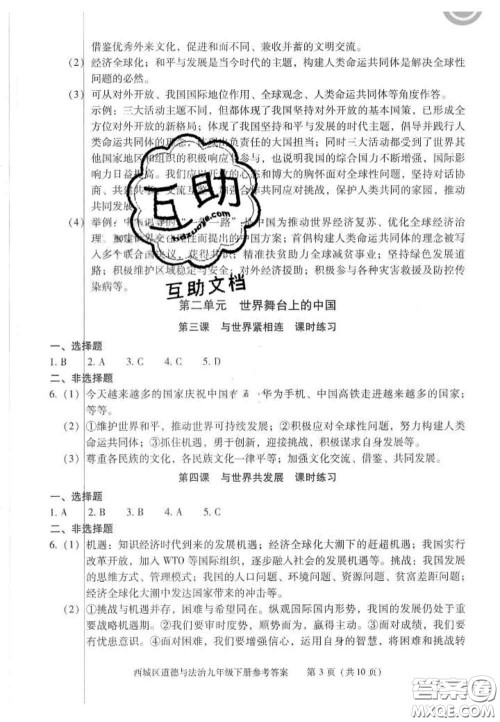 2020春北京西城学习探究诊断九年级道德与法治下册人教版答案