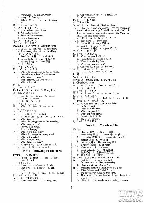 江苏人民出版社2020年课时训练英语四年级下册YL译林版参考答案