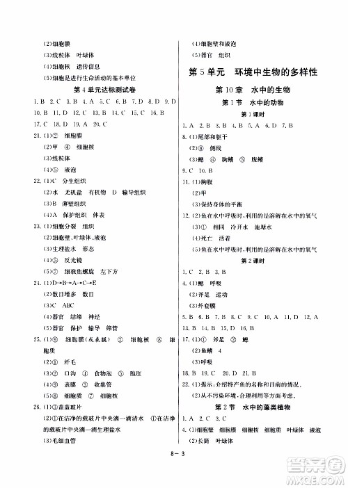 江苏人民出版社2020年课时训练生物学七年级下册江苏版参考答案 江苏人民出版社2020年课时训练生物学七年级下册江苏版参考答案