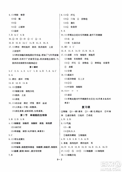 江苏人民出版社2020年课时训练生物学七年级下册江苏版参考答案 江苏人民出版社2020年课时训练生物学七年级下册江苏版参考答案