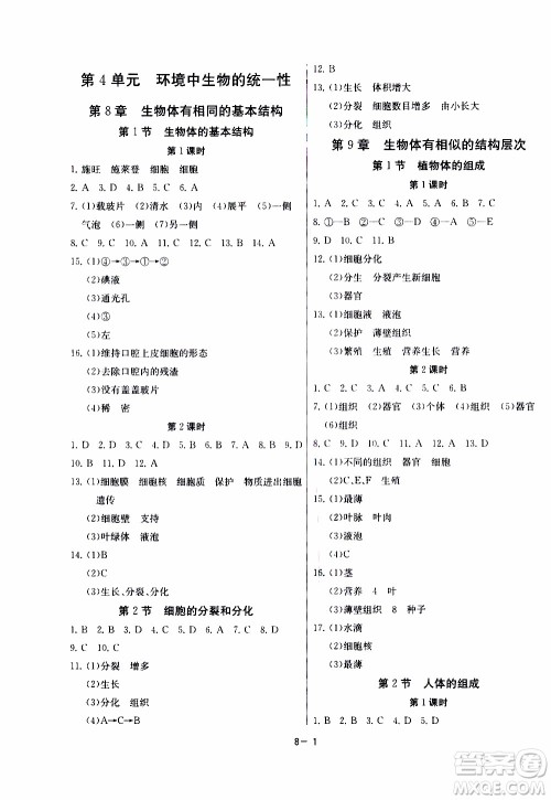 江苏人民出版社2020年课时训练生物学七年级下册江苏版参考答案 江苏人民出版社2020年课时训练生物学七年级下册江苏版参考答案