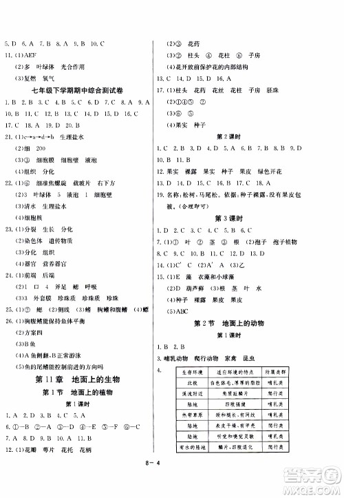 江苏人民出版社2020年课时训练生物学七年级下册江苏版参考答案 江苏人民出版社2020年课时训练生物学七年级下册江苏版参考答案