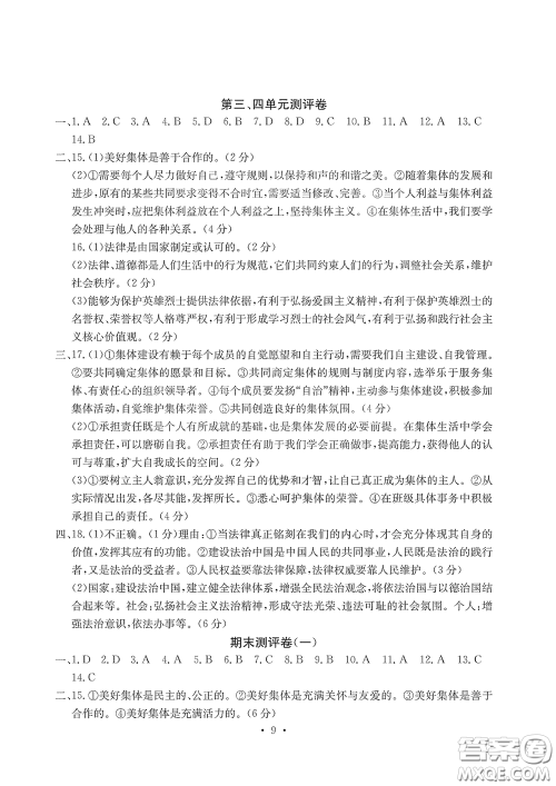 光明日报出版社2020大显身手素质教育单元测评卷道德与法治七年级下册答案