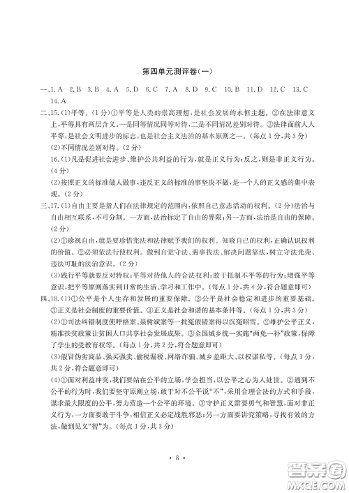 光明日报出版社2020大显身手素质教育单元测评卷道德与法治八年级下册答案