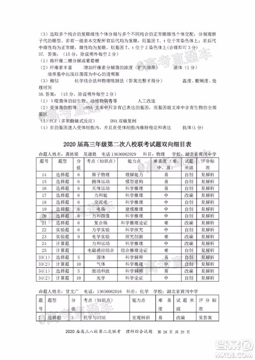 2020届高三湖北八校第二次联考理科综合试题及答案