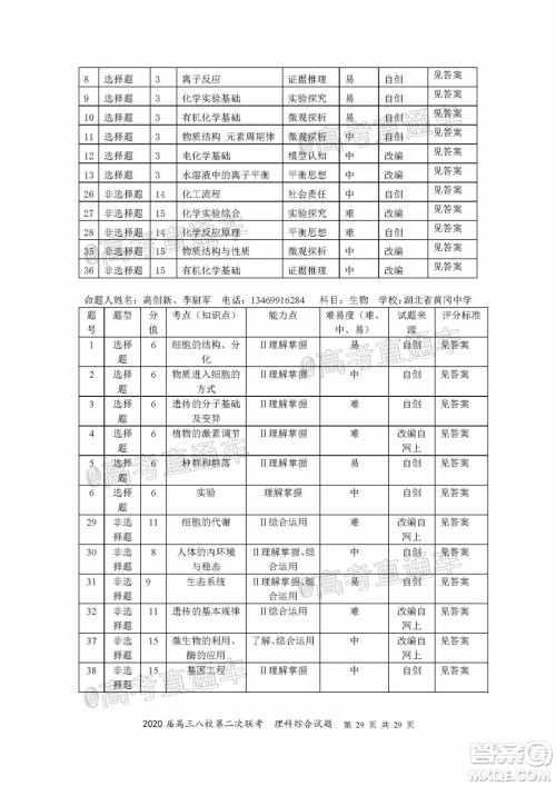 2020届高三湖北八校第二次联考理科综合试题及答案