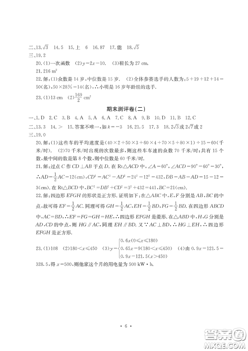 光明日报出版社2020大显身手素质教育单元测评卷八年级数学下册人教版答案