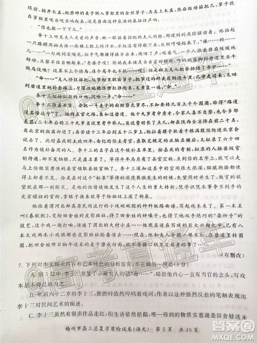 2020年5月梅州市高三总复习质检试卷语文试题及答案 2020年5月梅州市高三总复习质检试卷语文试题及答案