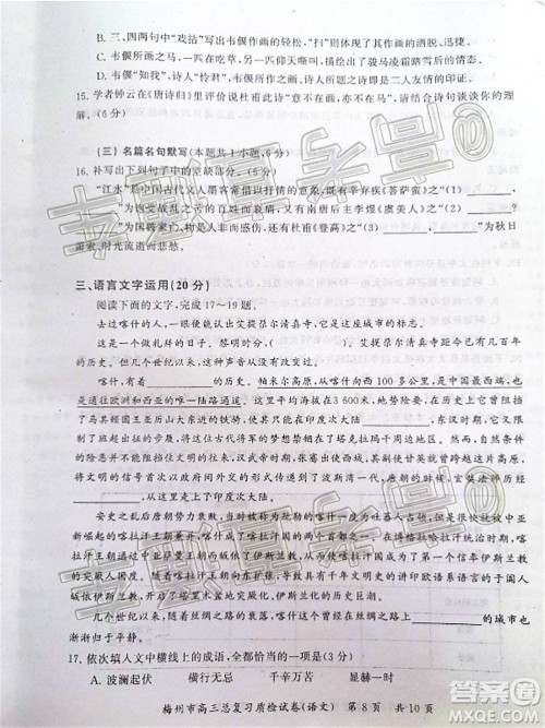 2020年5月梅州市高三总复习质检试卷语文试题及答案 2020年5月梅州市高三总复习质检试卷语文试题及答案